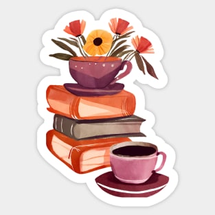 Books Flowers and Coffee Cup, Cute Watercolor Sticker